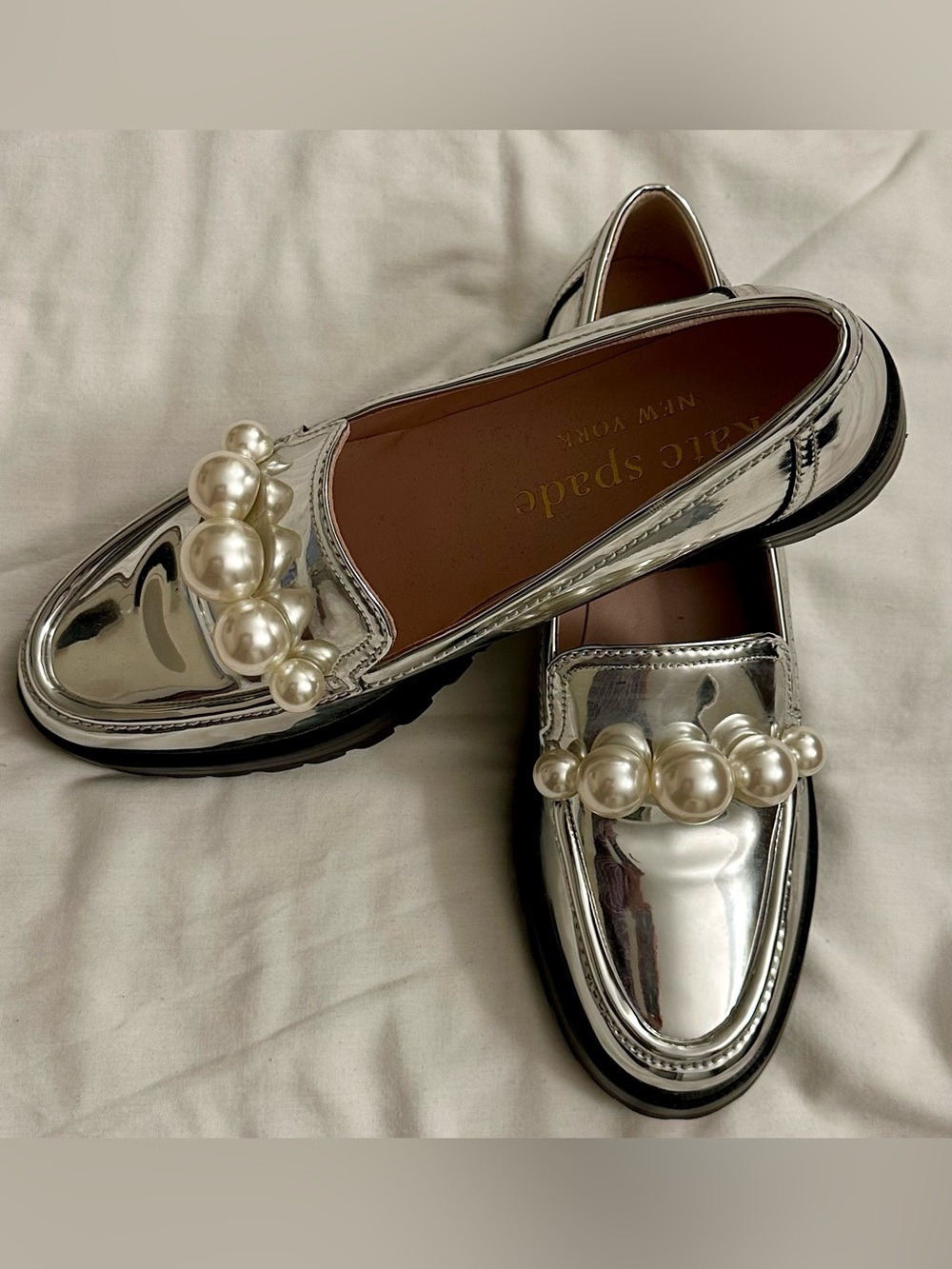 NWOT kate spade Metallic Silver Pearl-Trim Loafers - Picture 7 of 16